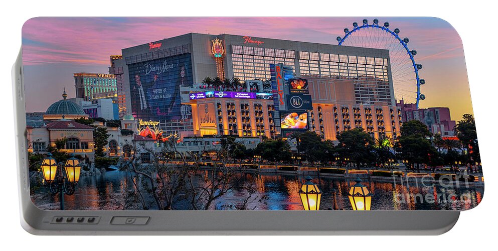 The Flamingo Portable Battery Charger featuring the photograph The Flamingo Casino at Dawn 2 to 1 Ratio by Aloha Art