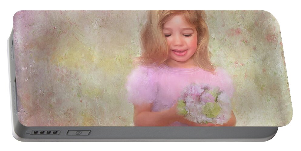 Children's Portraits Portable Battery Charger featuring the mixed media The Flower Princess by Colleen Taylor