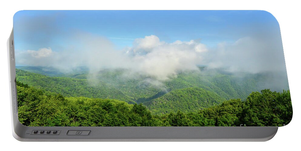 Bluestone Gorge Portable Battery Charger featuring the photograph The Fog Rises Over the Bluestone Gorge - Pipestem State Park by Kerri Farley