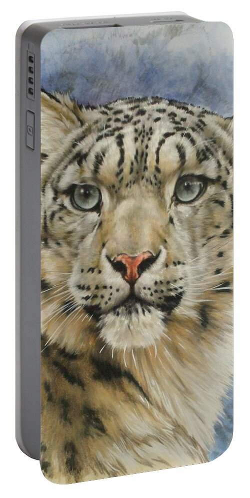 Snow Leopard Portable Battery Charger featuring the mixed media The Gaze by Barbara Keith