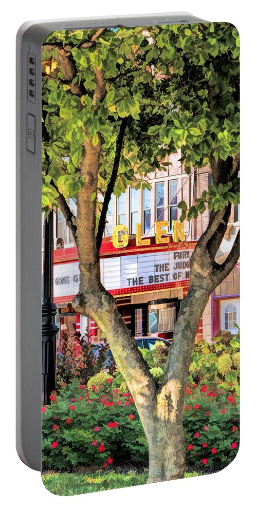 Glen Ellyn Portable Battery Charger featuring the painting The Glen Movie Theater by Christopher Arndt