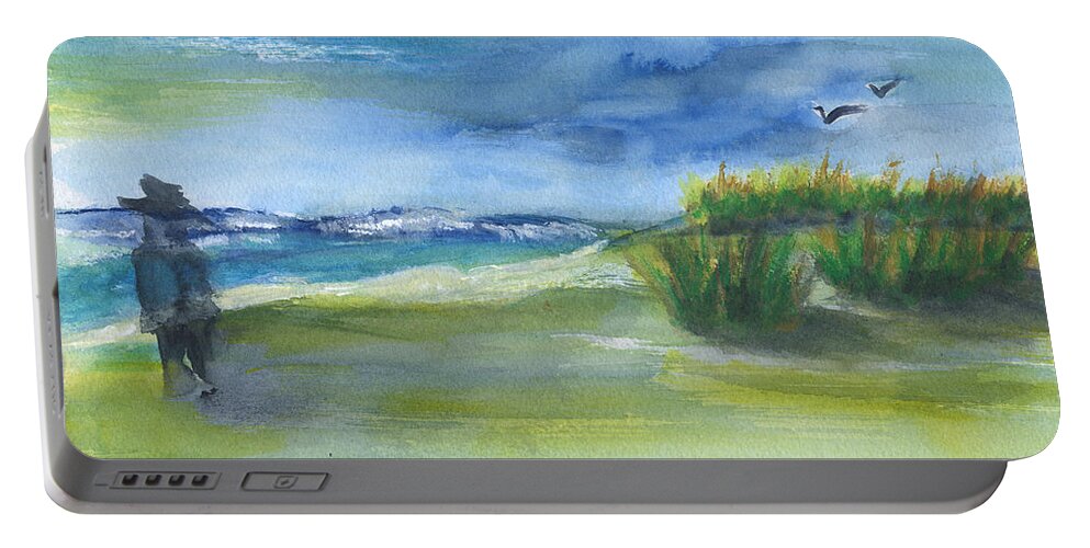 The Gray Man Visits Pawleys Island Portable Battery Charger featuring the mixed media The Gray Man Visits Pawleys Island SC by Frank Bright
