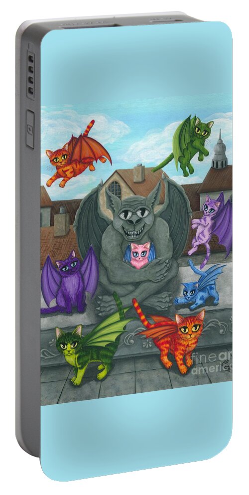 Winged Cat Portable Battery Charger featuring the painting The Guardian Gargoyle AKA The Kitten Sitter by Carrie Hawks