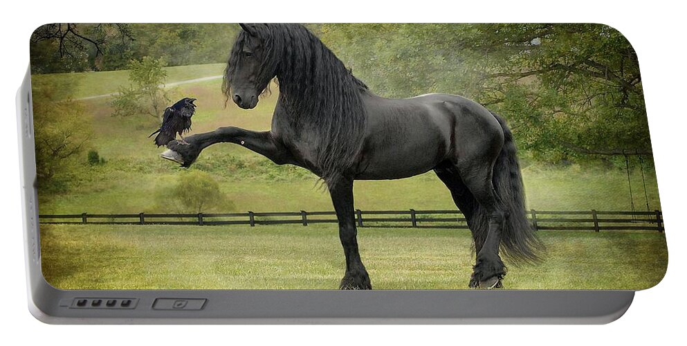 Friesian Horses Portable Battery Charger featuring the photograph The Harbinger by Fran J Scott
