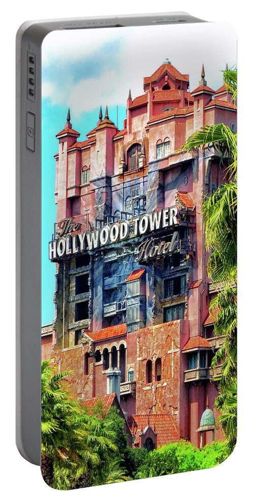 Tower Of Terror Portable Battery Charger featuring the photograph The Hollywood Tower Hotel Walt Disney World PM by Thomas Woolworth