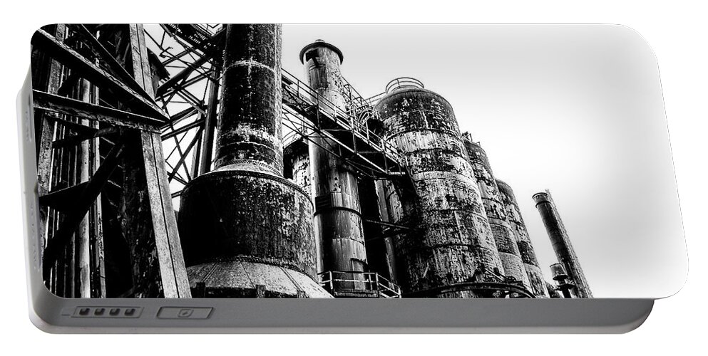 Industrial Portable Battery Charger featuring the photograph The Industrial Age at Bethlehem Steel in Black and White by Bill Cannon