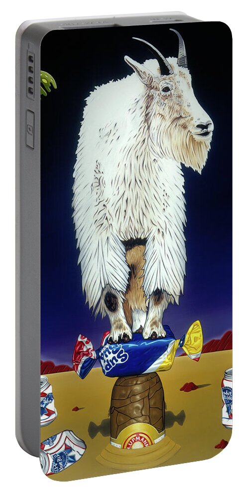 Mountain Goat Portable Battery Charger featuring the painting The Intoxicated Mountain Goat by Paxton Mobley