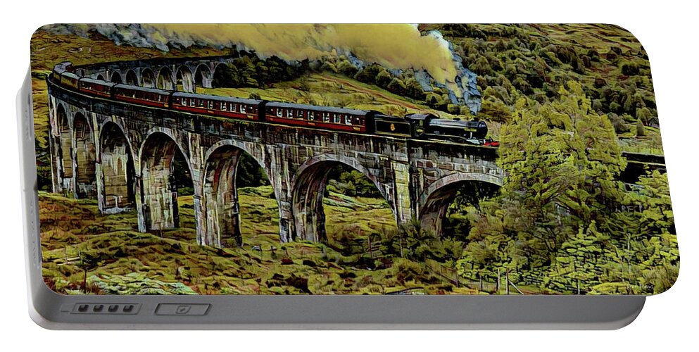 Jocobrite Portable Battery Charger featuring the digital art The Jacobrite at Glenfinnan Viaduct by Russ Harris