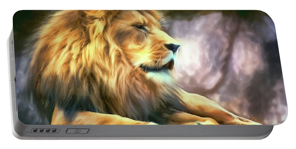 Lion Portable Battery Charger featuring the painting The King Of Cool by Tina LeCour