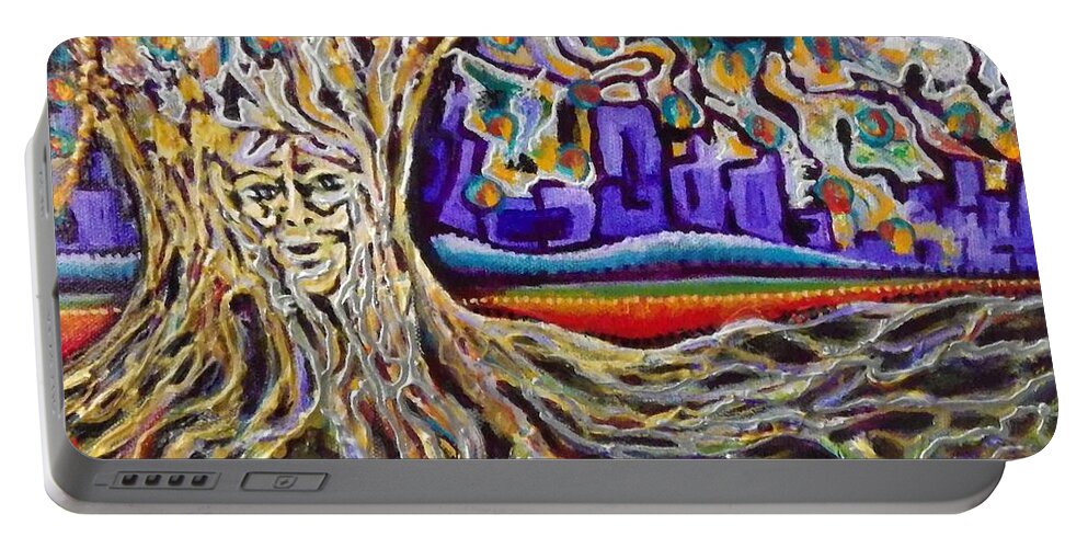 Tree Portable Battery Charger featuring the painting The Last Tree in the City by Linda Markwardt