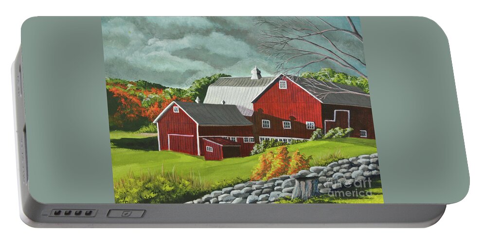 Barn Painting Portable Battery Charger featuring the painting The Light After The Storm by Charlotte Blanchard