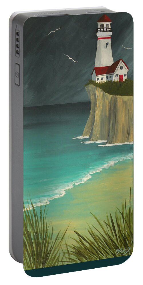 My Dream Home Portable Battery Charger featuring the painting The Lighthouse on the Cliff by Micki Findlay