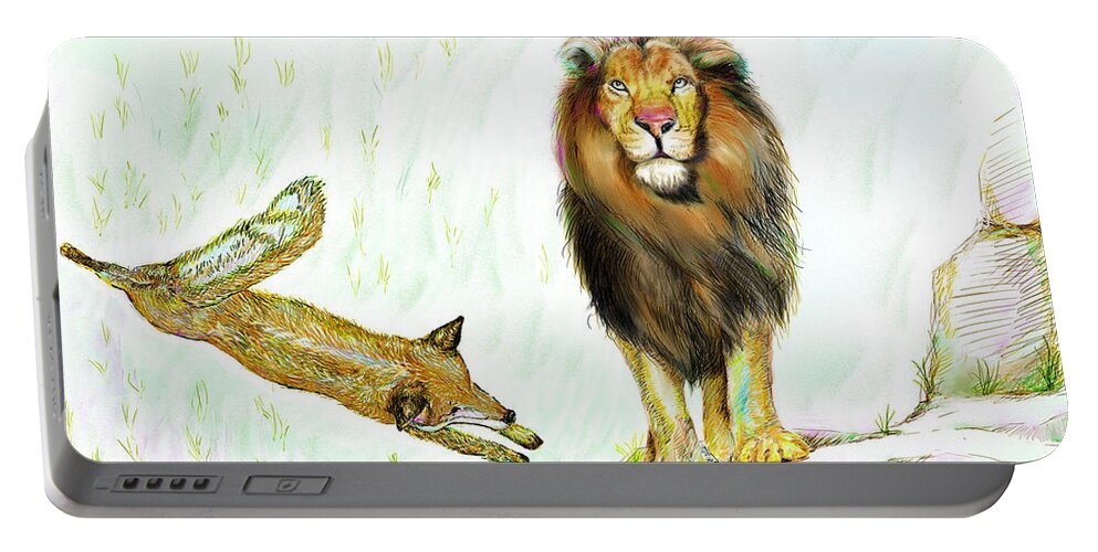 Lion Portable Battery Charger featuring the painting The Lion and The Fox 2 - The True FriendShip by Sukalya Chearanantana