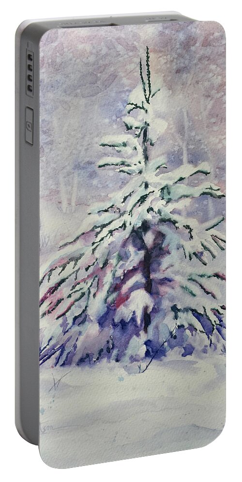 Alaska Spruce Tree Portable Battery Charger featuring the painting The Little Backyard Tree by Karen Mattson
