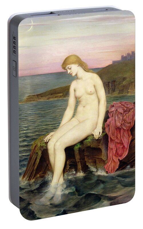 Rocks; Female; Nude; Girl; Mermaid; Hans Christian Andersen; Thoughtful; Pensive; Sunset; Crescent Moon; Castle; Cliff Portable Battery Charger featuring the painting The Little Sea Maid by Evelyn De Morgan