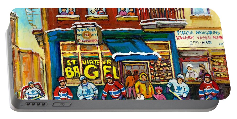 St.viateur Bagel Portable Battery Charger featuring the painting The Local Bagel Shop Hockey Painting Winter Fun Montreal Memories Canadian Art Carole Spandau    by Carole Spandau