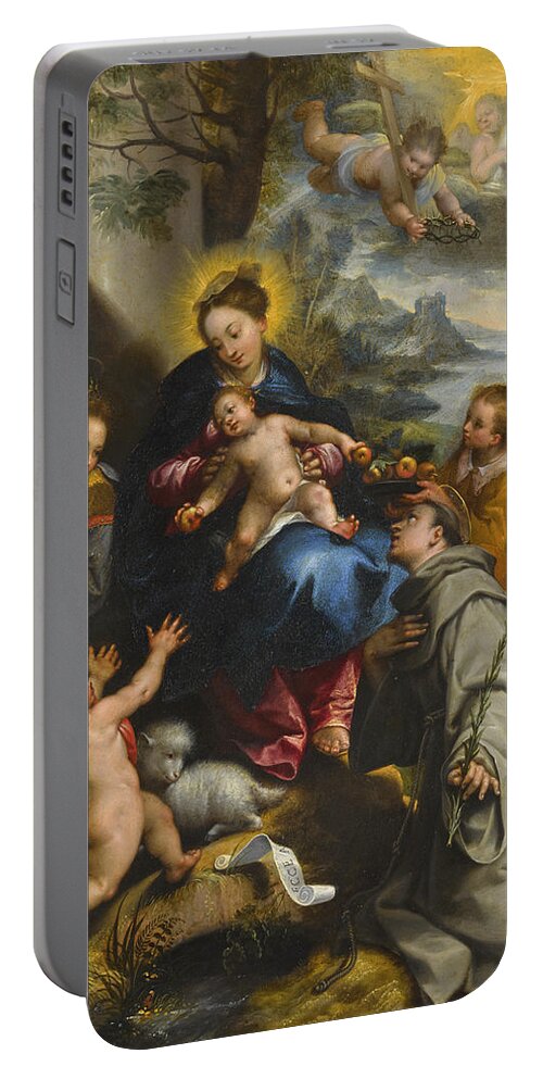 Denys Calvaert Portable Battery Charger featuring the painting The Madonna and Child with Saints Catherine, Dominic and the Infant Saint John the Baptist by Denys Calvaert