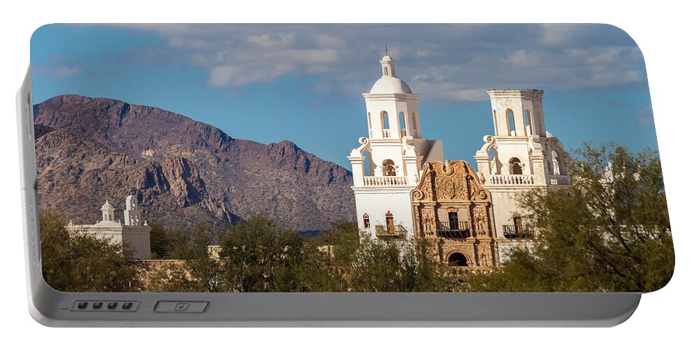 Architecture Portable Battery Charger featuring the photograph The Mission and the Mountains by Ed Gleichman