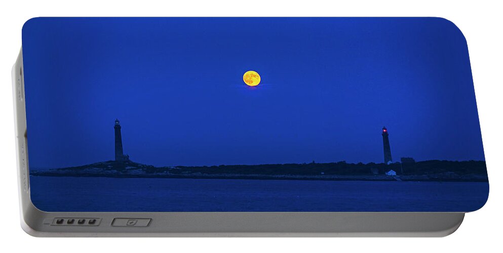 Rockport Portable Battery Charger featuring the photograph The moon rises over Thacher Island Lighthouse Rockport MA Two Lighthouses by Toby McGuire