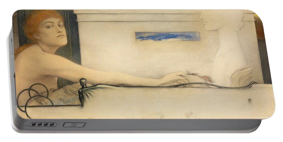 Fernand Khnopff Portable Battery Charger featuring the drawing The Offering by Fernand Khnopff