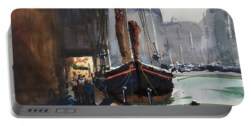 Boats Portable Battery Charger featuring the painting The old moored next to the new by Jim Morgan