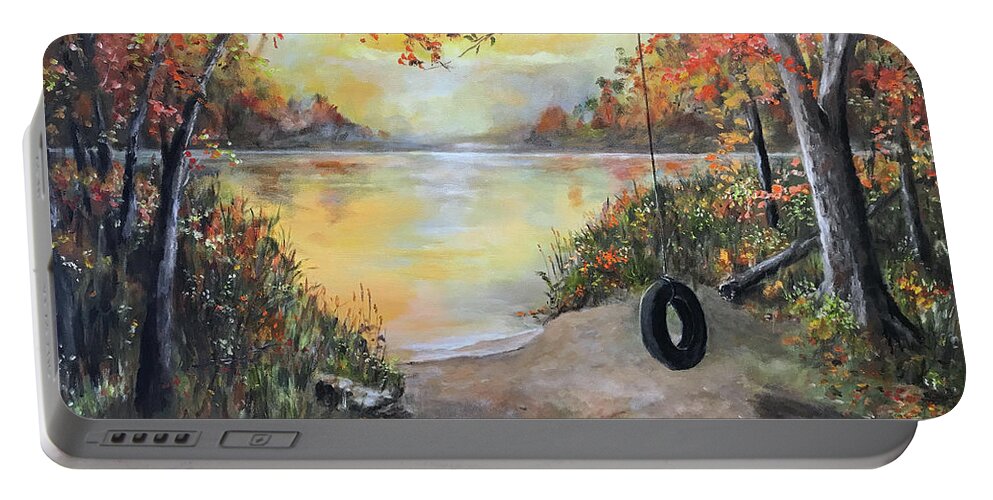 Tree Swing Portable Battery Charger featuring the painting The Old Swing by Alan Lakin