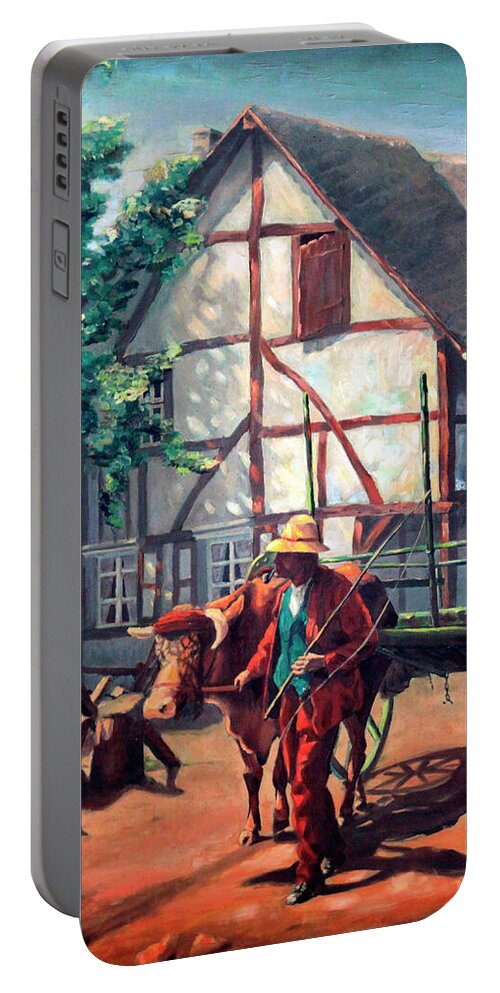 Oxcart Painting Portable Battery Charger featuring the painting The Ox Cart by Hanne Lore Koehler