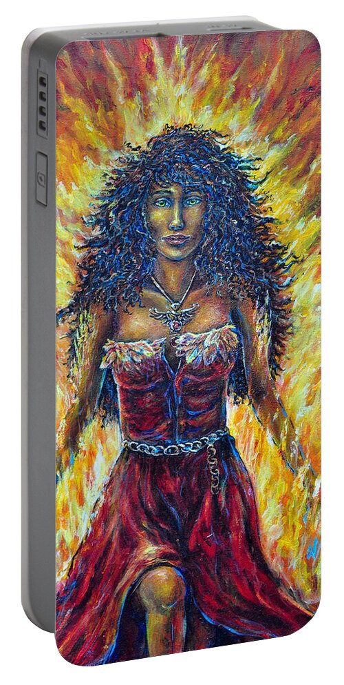 Fantasy Figurative Female Phoenix Fire Red Yellow Strength Passion Portable Battery Charger featuring the painting The Phoenix by Gail Butler