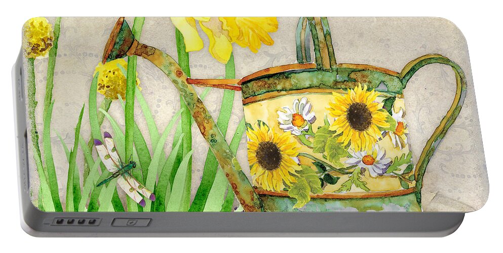 Pansy Portable Battery Charger featuring the painting The Promise of Spring - Watering Can by Audrey Jeanne Roberts