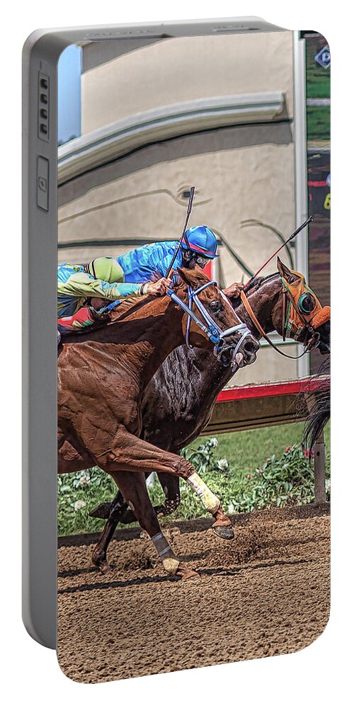 Horse Racing Portable Battery Charger featuring the photograph The Race to Place by JoAnn Silva