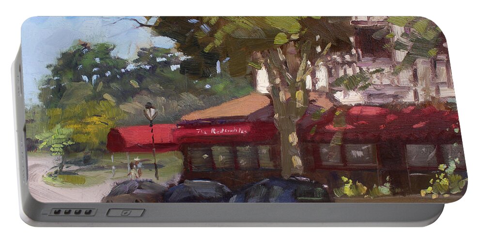 Red Coach Inn Portable Battery Charger featuring the painting The Red Coach Inn by Ylli Haruni