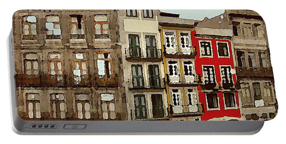 Urban Portable Battery Charger featuring the mixed media The Red Tenement by Shelli Fitzpatrick