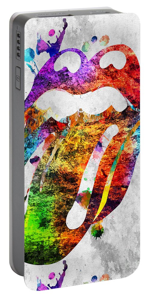 The Rolling Stones Logo Grunge Portable Battery Charger featuring the mixed media The Rolling Stones Logo Grunge by Daniel Janda