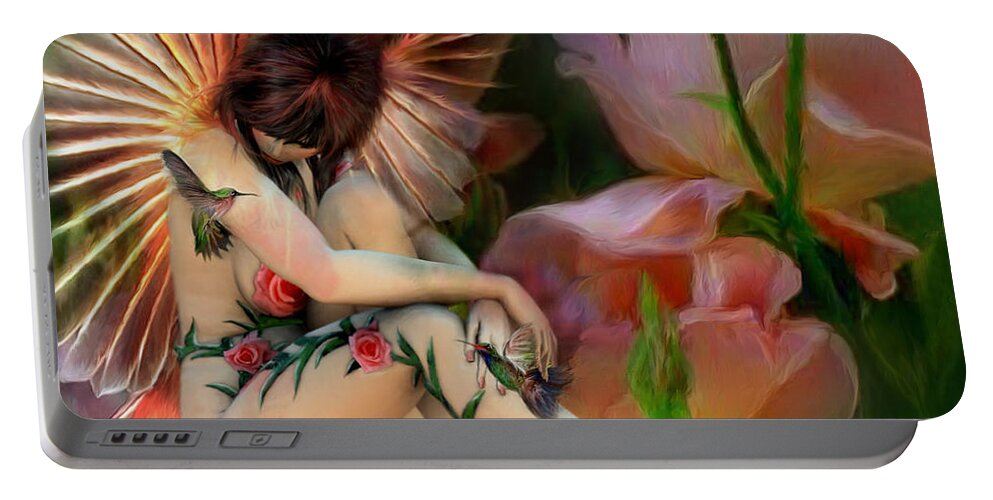 Carol Cavalaris Portable Battery Charger featuring the mixed media The Rose Fairy by Carol Cavalaris