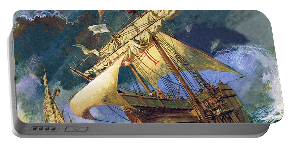 Christopher Columbus Portable Battery Charger featuring the painting The Santa Maria by English School