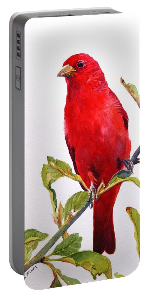 Scarlett Red Tanager Perched On A Tree Branch. Wildlife Portable Battery Charger featuring the painting The Scarlett Tanager by Brenda Beck Fisher