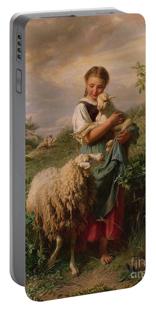 Shepherdess Portable Battery Charger featuring the painting The Shepherdess by Johann Baptist Hofner