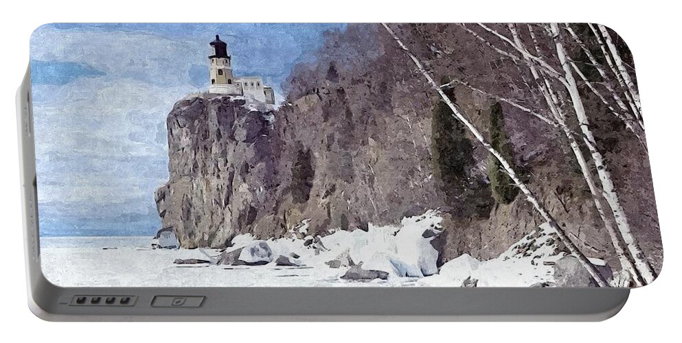Shoreline Lighthouse Portable Battery Charger featuring the painting The Shoreline Lighthouse by Maciek Froncisz