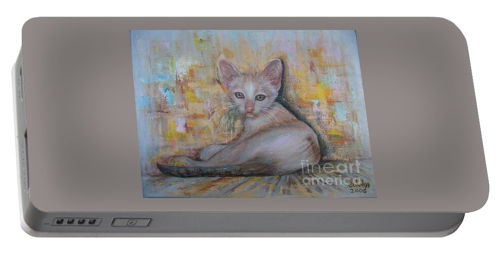 Cat Portable Battery Charger featuring the painting The Sitting CAT by Sukalya Chearanantana