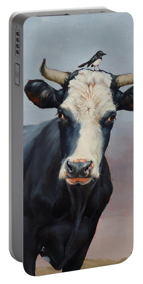 Cow Portable Battery Charger featuring the painting The Stare by Margaret Stockdale