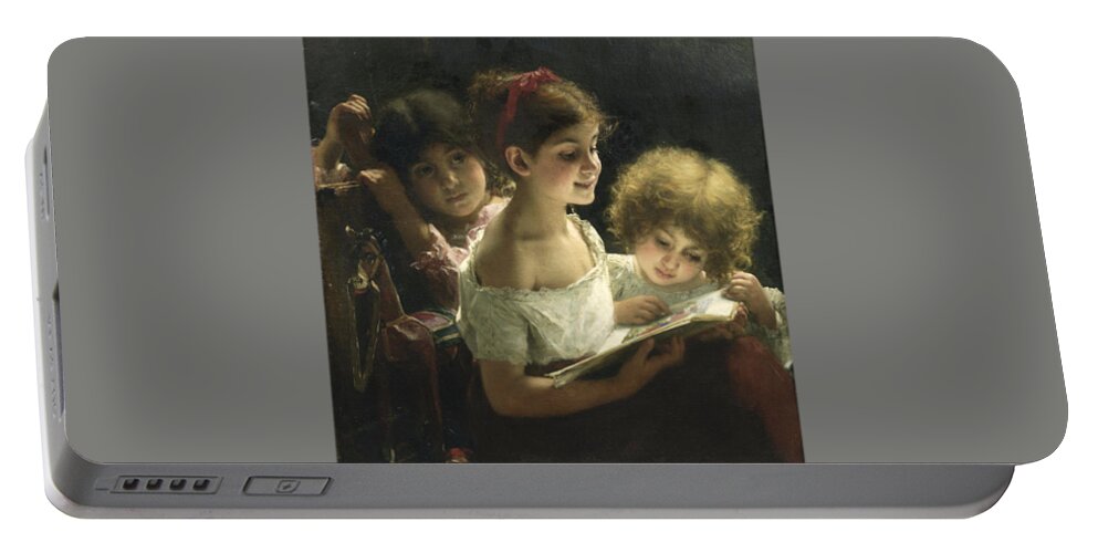 Alexei Alexeevich Harlamoff (russian Portable Battery Charger featuring the painting The story book by Alexei Alexeevich Harlamoff