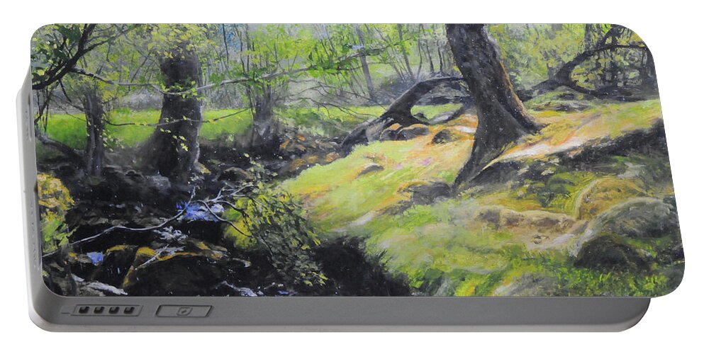 Landscape Portable Battery Charger featuring the painting The Stream at the Farm by Harry Robertson