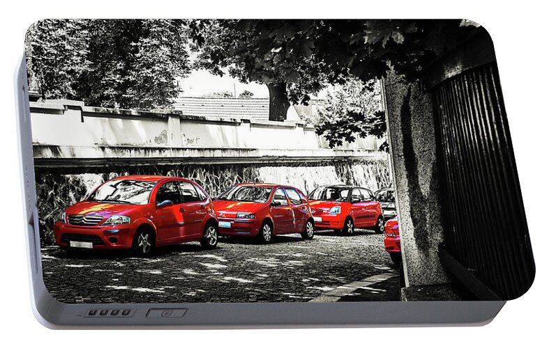 Jenny Rainbow Fine Art Photography Portable Battery Charger featuring the photograph The Street of Red Cars by Jenny Rainbow