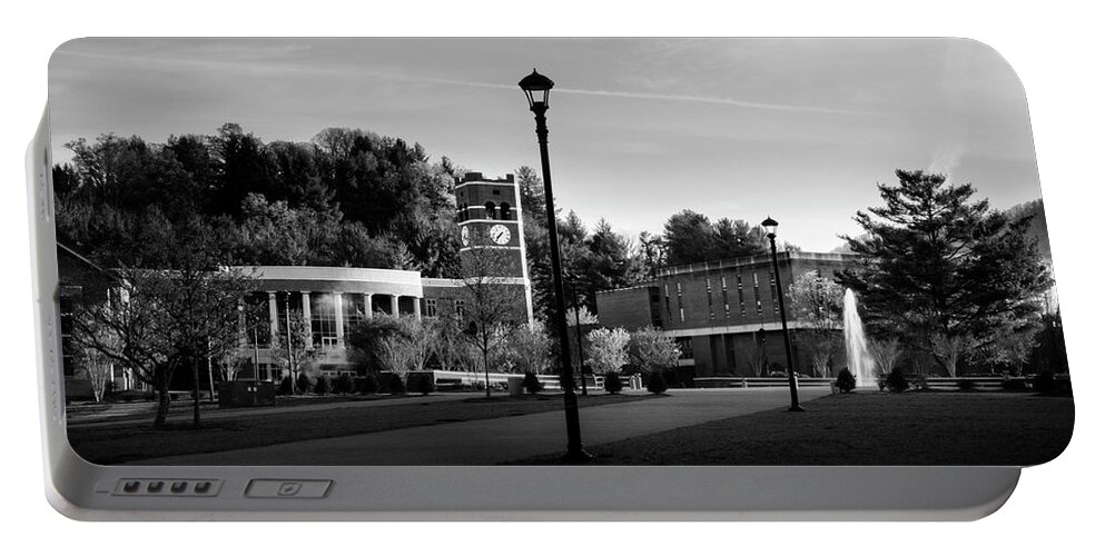 Western Carolina University Portable Battery Charger featuring the photograph The Sun Rises On Western Carolina University In Black and White by Greg and Chrystal Mimbs