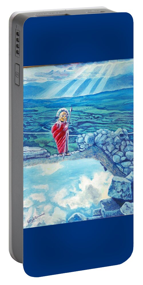 Surrealism Portable Battery Charger featuring the painting The Transcending Spartan Soldier by Elly Potamianos