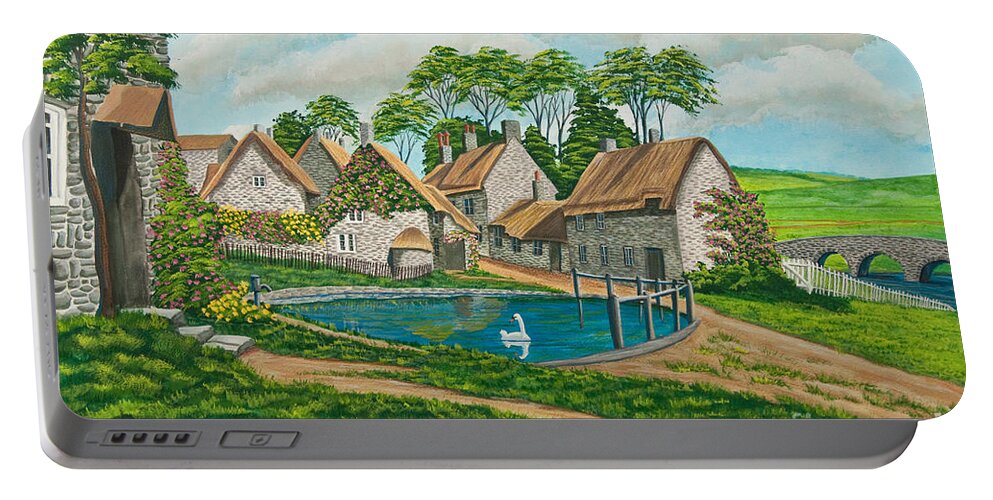 English Painting Portable Battery Charger featuring the painting The Village Pond in Wroxton by Charlotte Blanchard