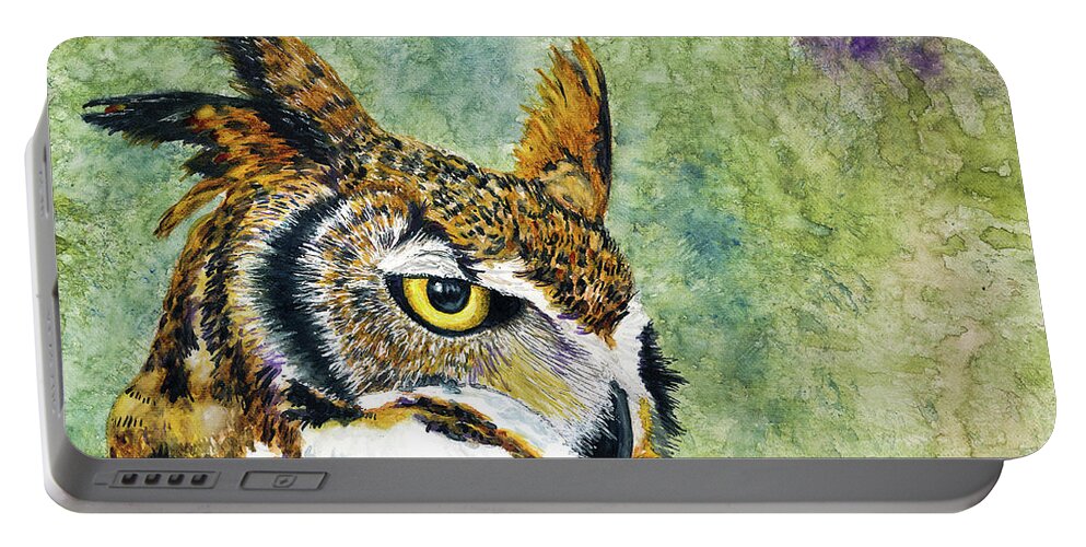 Great Horned Owl Portable Battery Charger featuring the painting The Who by Jan Killian