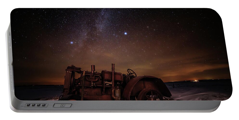 Astro Landscape Scenic Stars Milky Way Winter Antique Tractor Nd Night Night Sky Portable Battery Charger featuring the photograph The Witness by Peter Herman