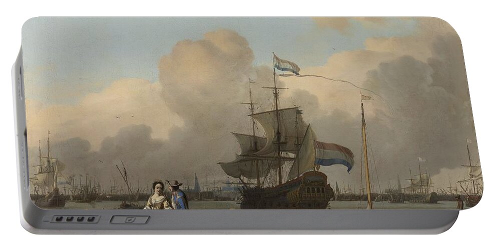 The Y At Amsterdam Portable Battery Charger featuring the painting The Y at Amsterdam with the Frigate De Ploeg  Ludolf Bakhuysen 1680 1708 by Vintage Collectables