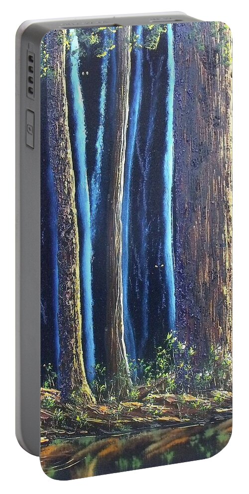 Trees Woods Forest Landscape Treescape Waterscape Oilpainting Portable Battery Charger featuring the painting They See You by Don Bowling